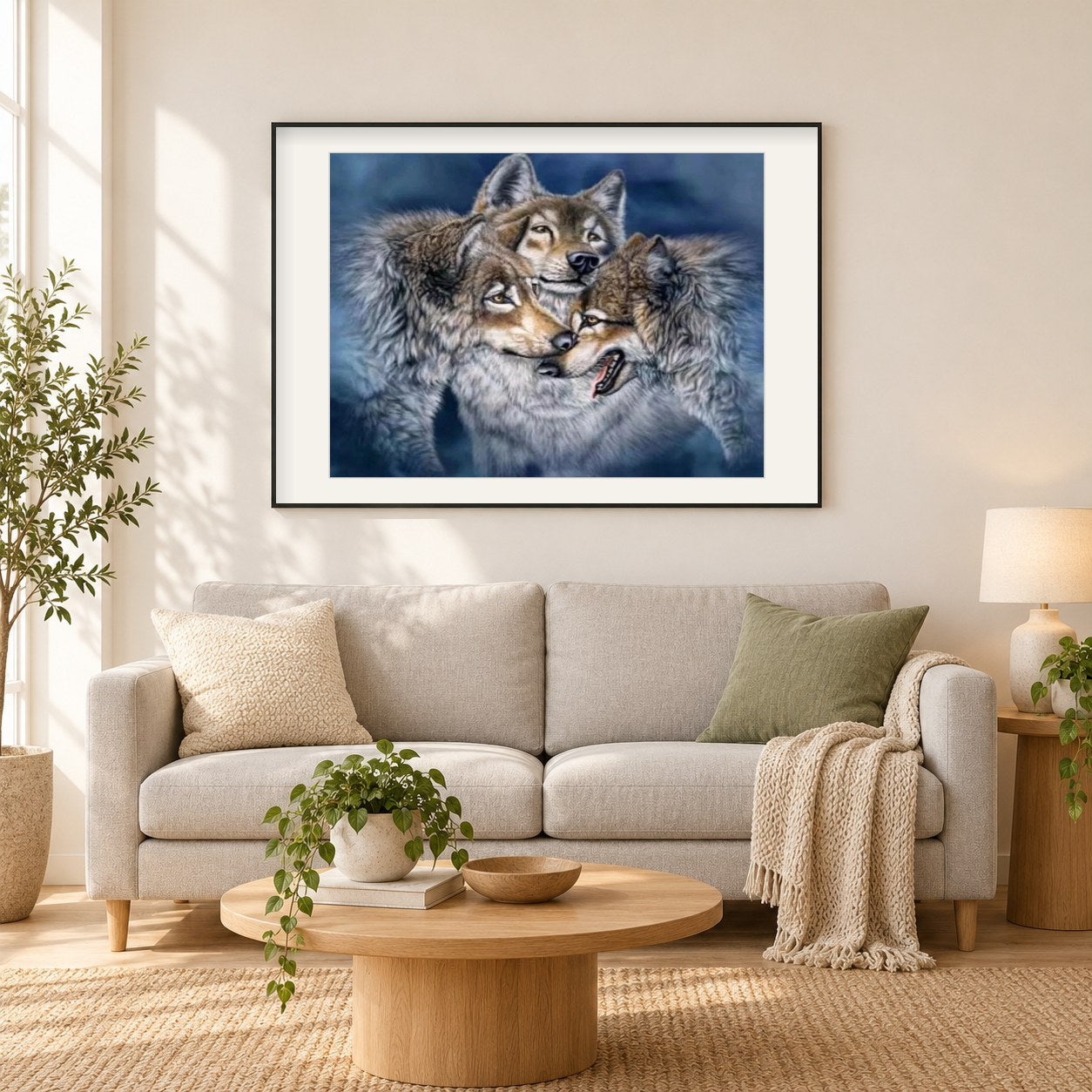Alaskan Tundra Wölfe als gerahmtes Diamond Painting im Wohnzimmer