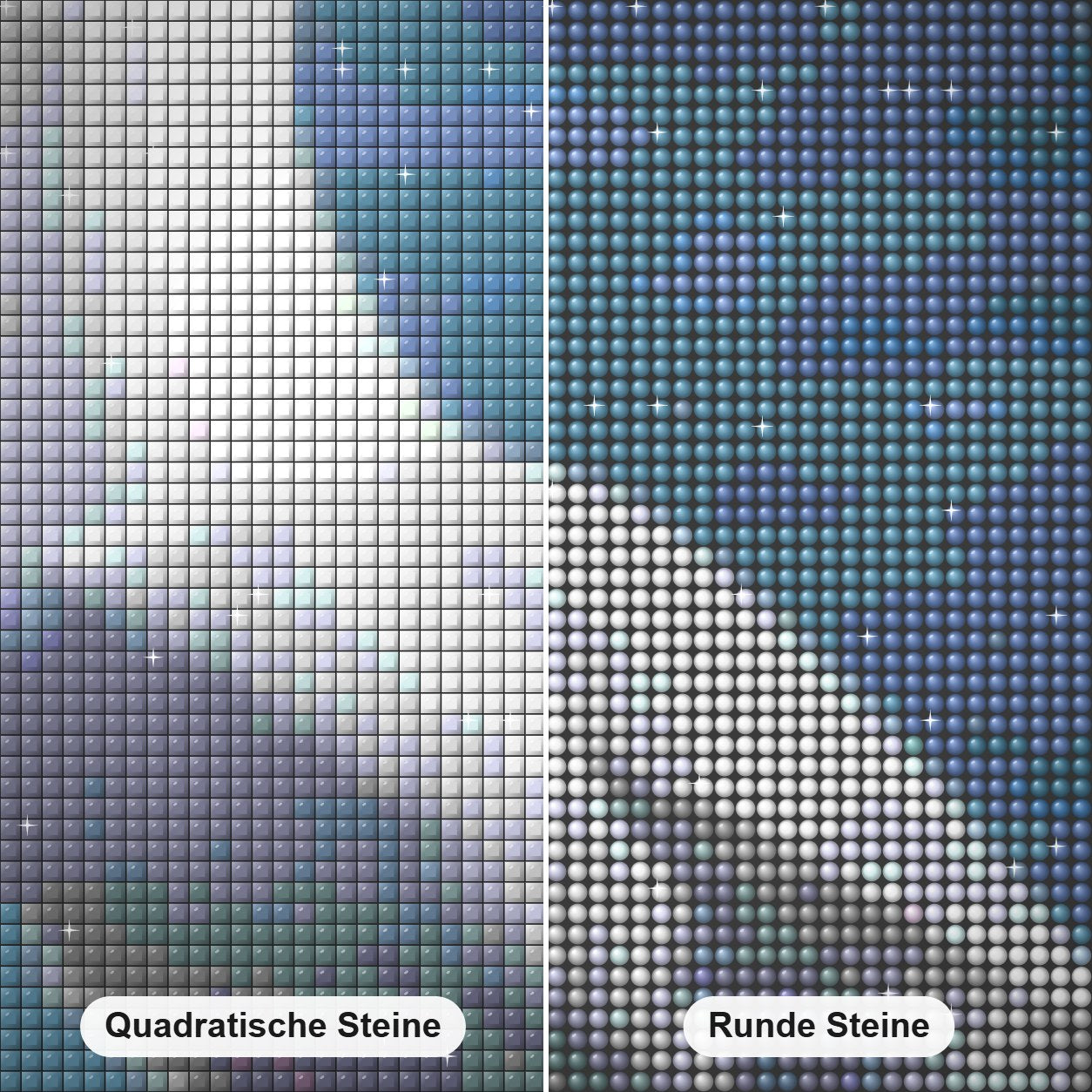 Albatros Diamond Painting Nahaufnahme mit quadratischen und runden Steinen