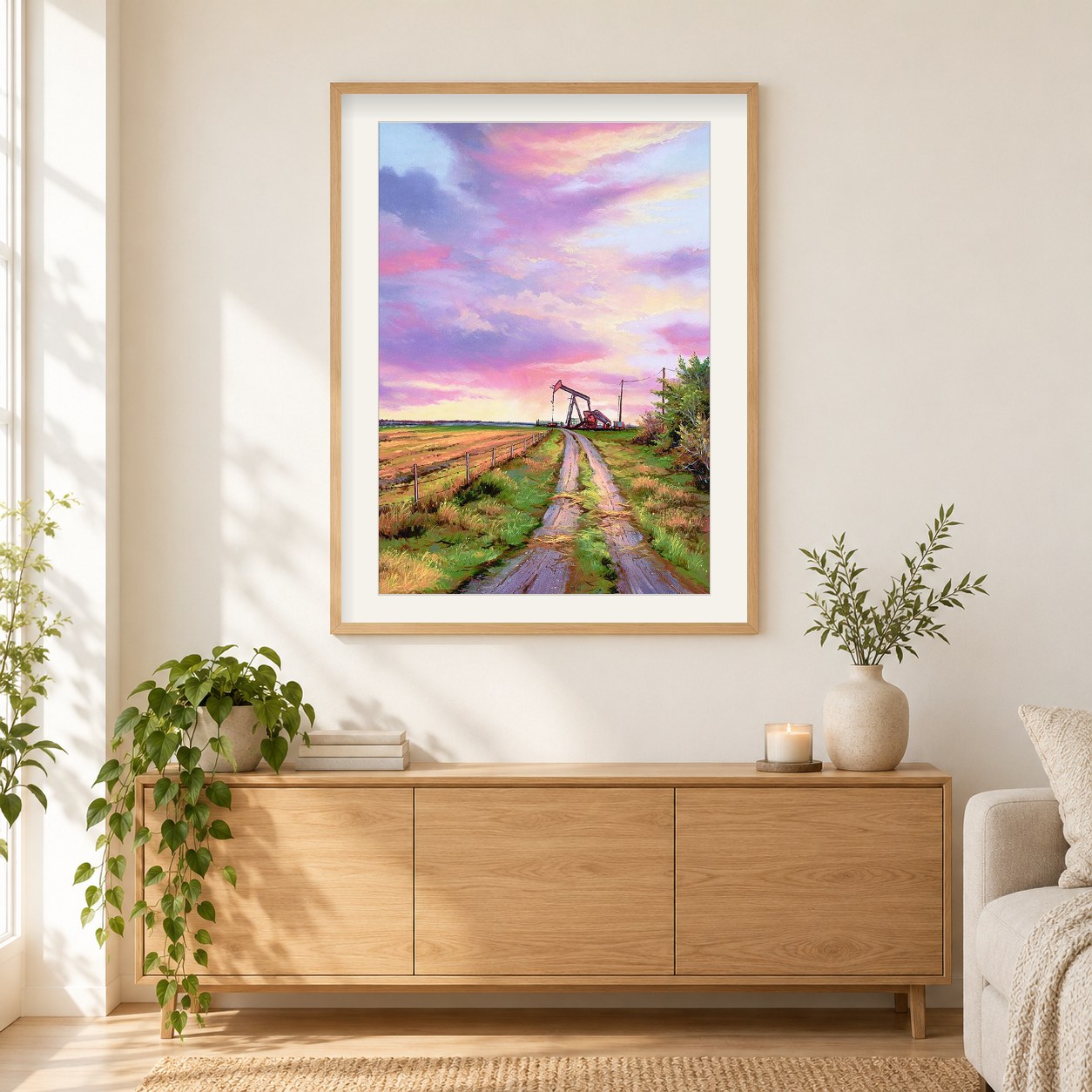 Alberta Morgendämmerung- Kunst des Jonn Einerssen als gerahmtes Diamond Painting im Wohnzimmer