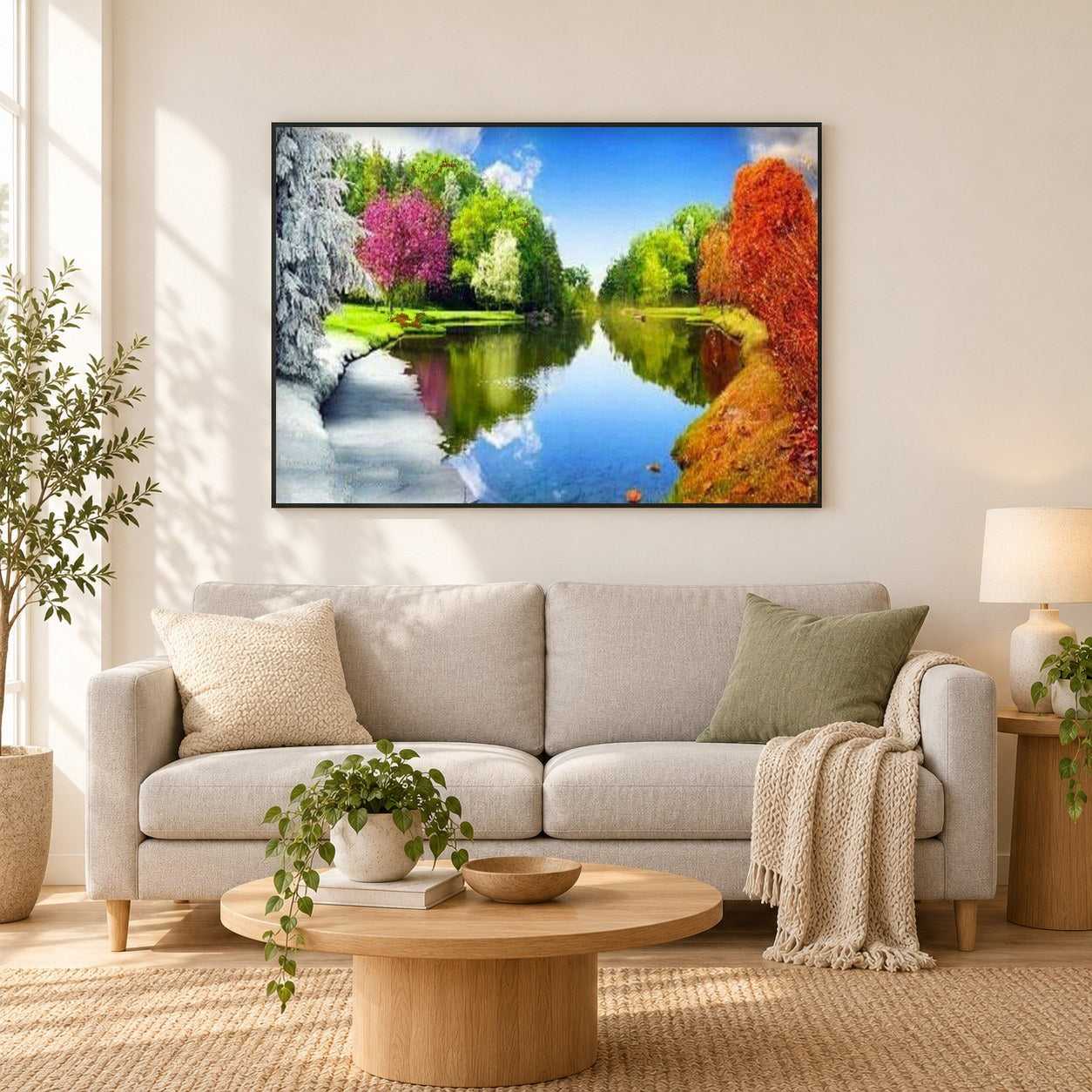 alle Jahreszeiten See als gerahmtes Diamond Painting im Wohnzimmer