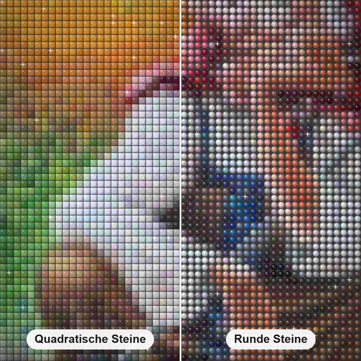 Alte Hexe mit Besen Diamond Painting Nahaufnahme mit quadratischen und runden Steinen