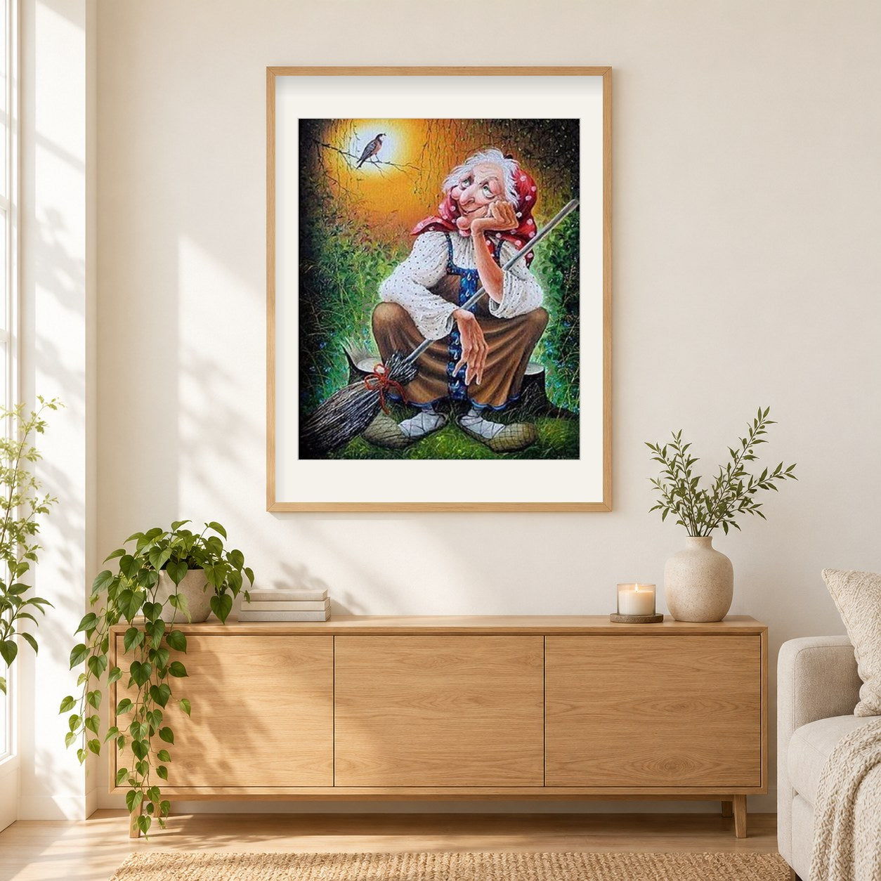 Alte Hexe mit Besen als gerahmtes Diamond Painting im Wohnzimmer