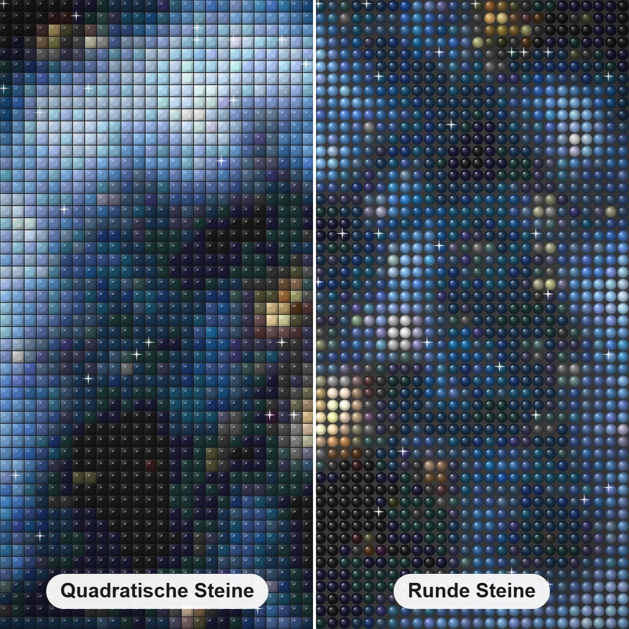 Alternde Sternwelle Auf Wiedersehen Diamond Painting Nahaufnahme mit quadratischen und runden Steinen