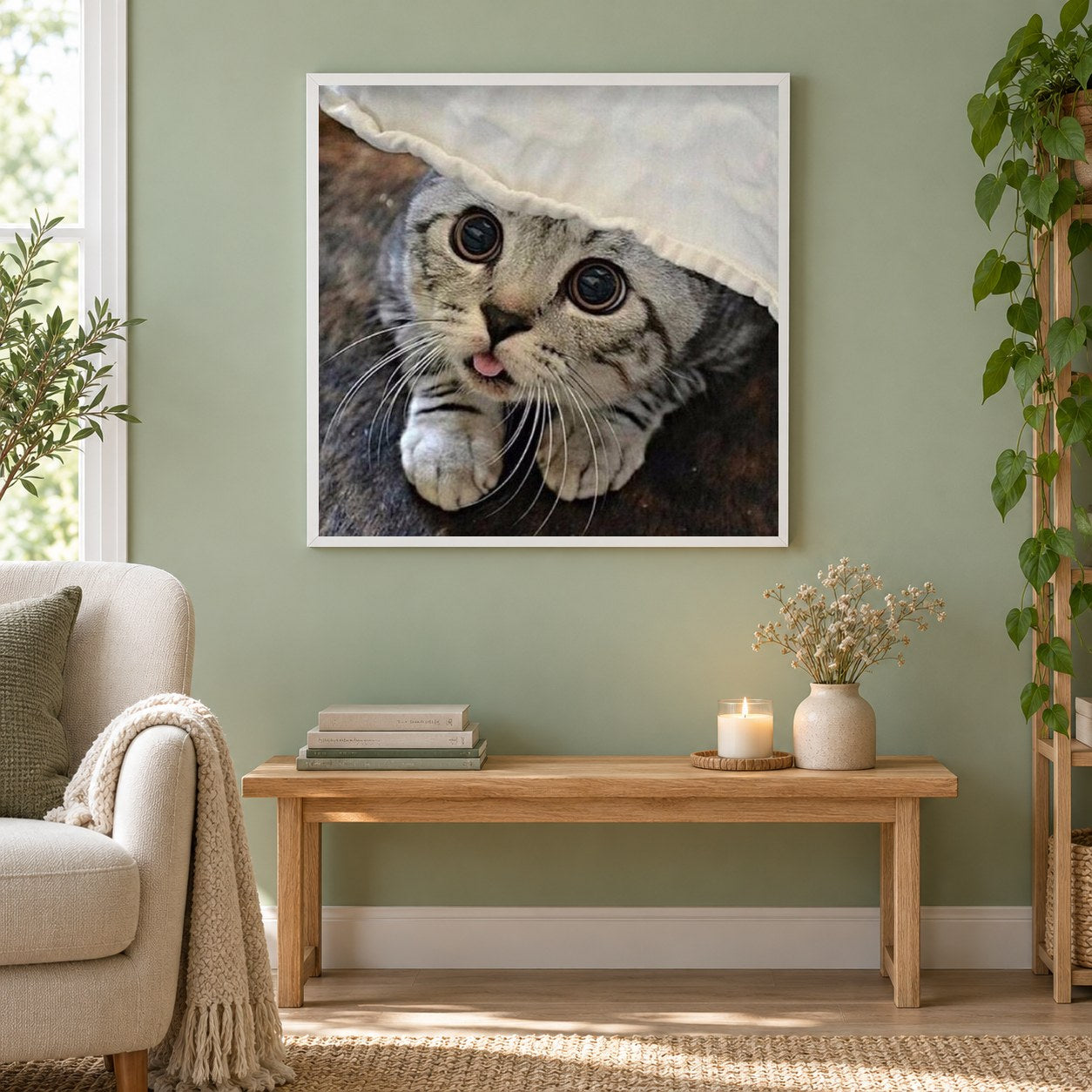 Amerikanische Katze mit kurzen Haaren als gerahmtes Diamond Painting im Wohnzimmer