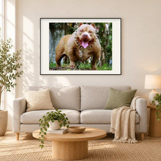 Amerikanischer Pitbull Terrier Hund als gerahmtes Diamond Painting im Wohnzimmer