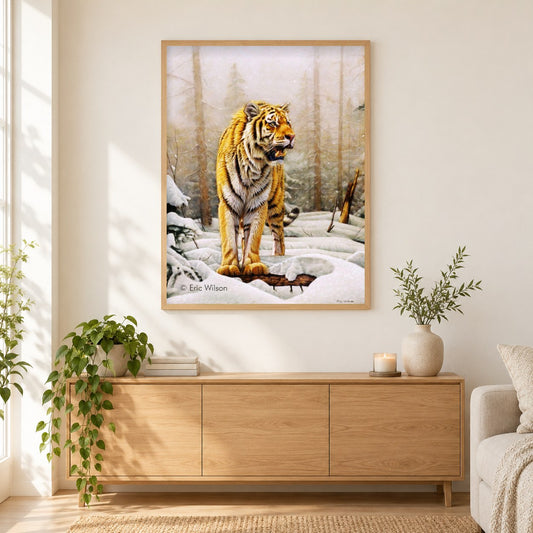 Sibirischer Amur-Tiger - Kunst des Eric Wilson als gerahmtes Diamond Painting im Wohnzimmer