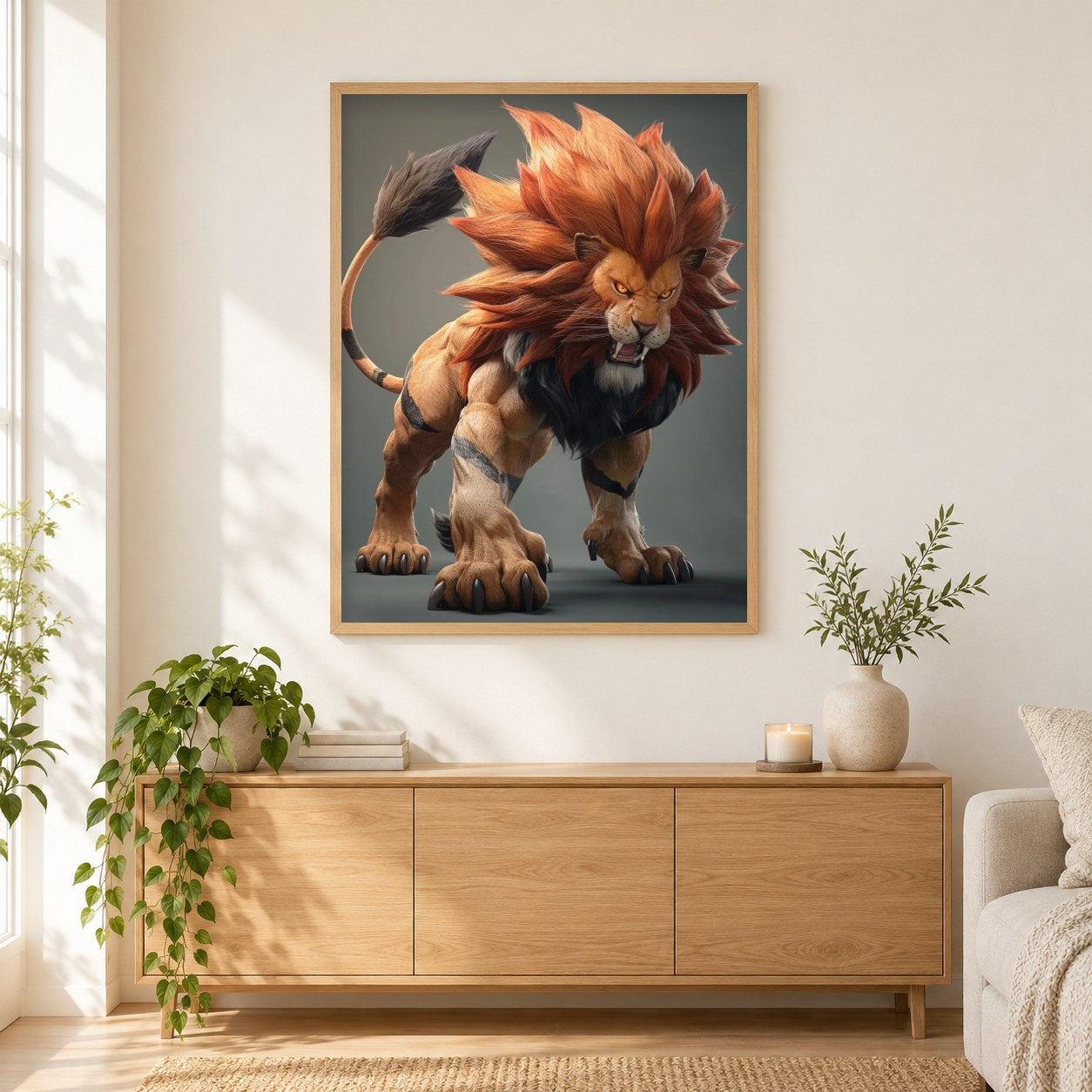 Der wilde Zorn des Anime-Löwen als gerahmtes Diamond Painting im Wohnzimmer