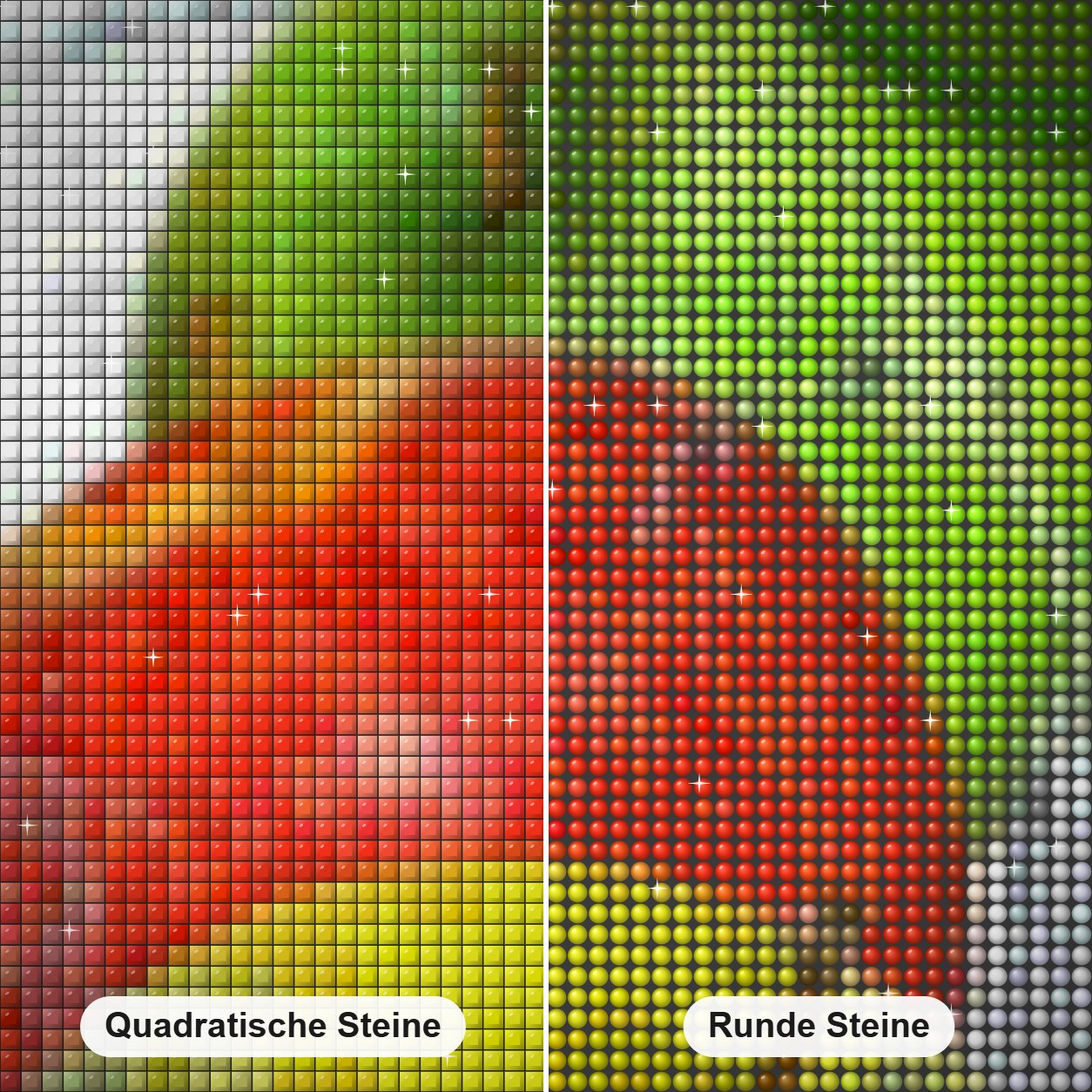 Äpfel spritzen Diamond Painting Nahaufnahme mit quadratischen und runden Steinen