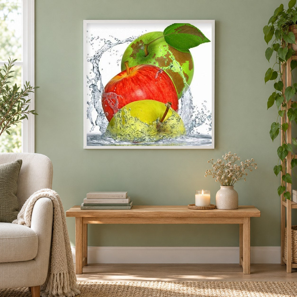 Äpfel spritzen als gerahmtes Diamond Painting im Wohnzimmer