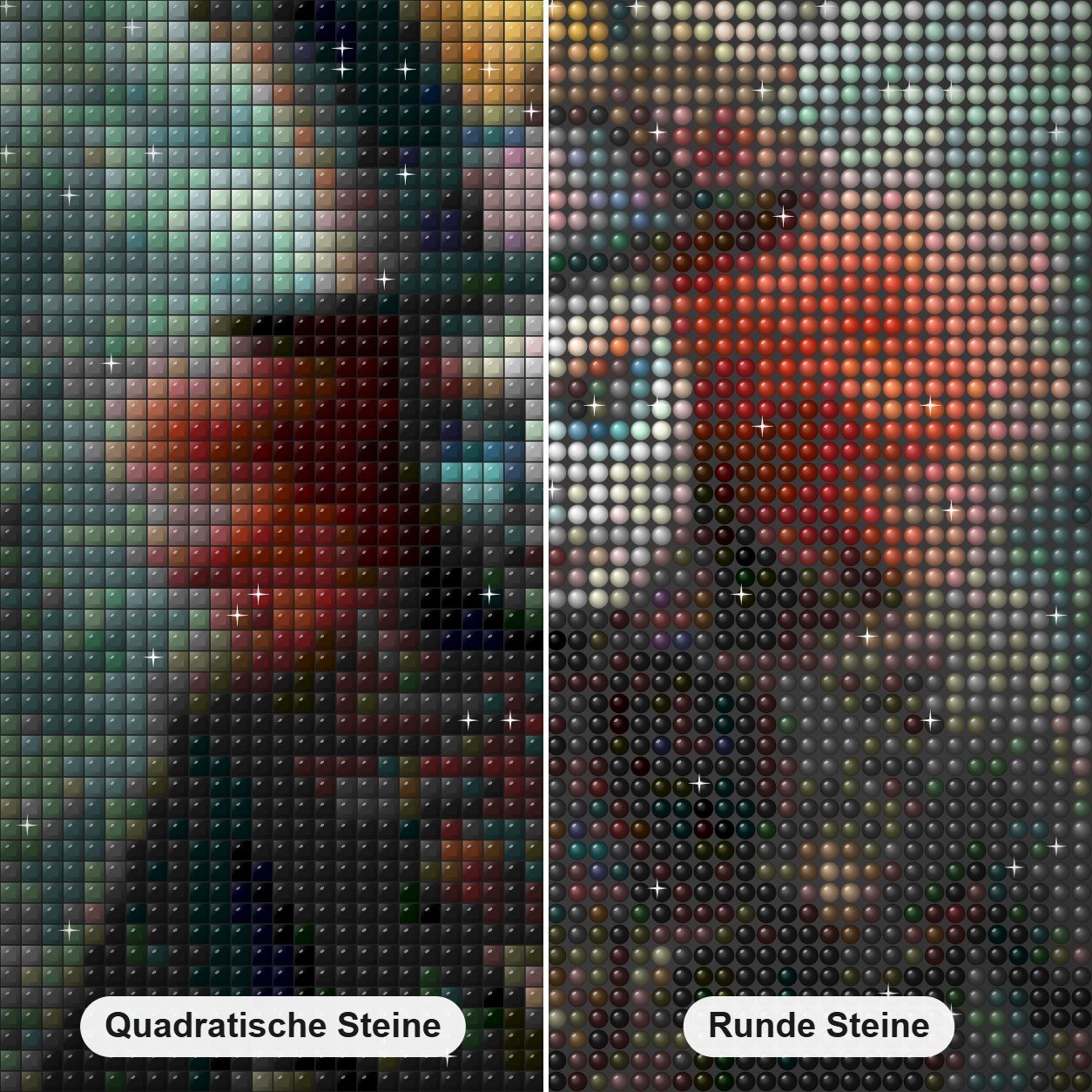 Bist du bereit für meine Tricks? Diamond Painting Nahaufnahme mit quadratischen und runden Steinen