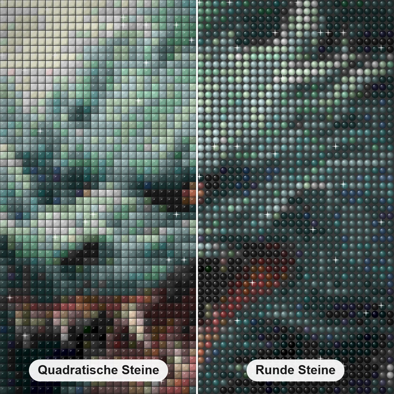 Bist du bereit, mir gegenüberzutreten? Diamond Painting Nahaufnahme mit quadratischen und runden Steinen
