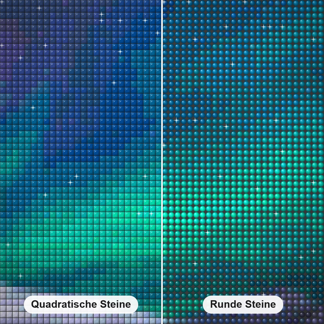 Arktische Aurora Diamond Painting Nahaufnahme mit quadratischen und runden Steinen