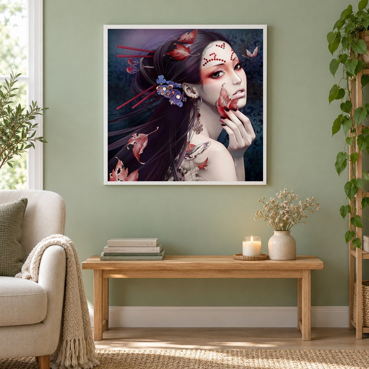 Asiatische Schönheit als gerahmtes Diamond Painting im Wohnzimmer