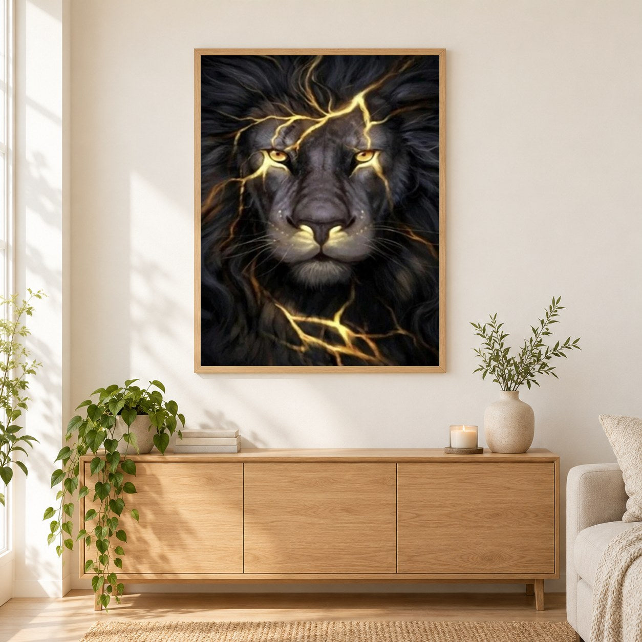 Atemberaubende Diamond Painting des schwarzen Löwen als gerahmtes Diamond Painting im Wohnzimmer