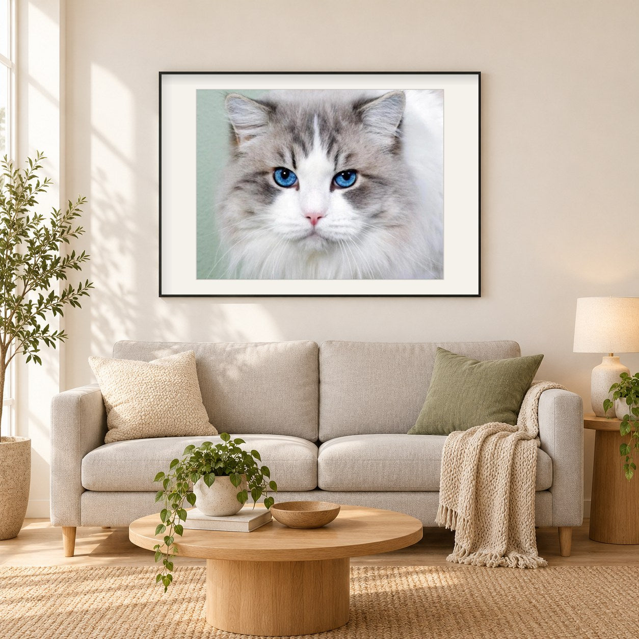 Atemberaubende Katze mit blauen Augen als gerahmtes Diamond Painting im Wohnzimmer