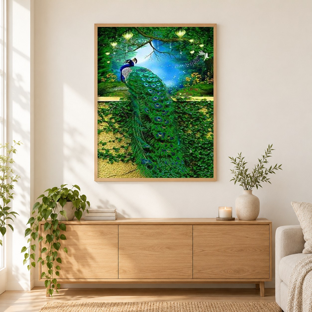 Atemberaubende Pfau als gerahmtes Diamond Painting im Wohnzimmer