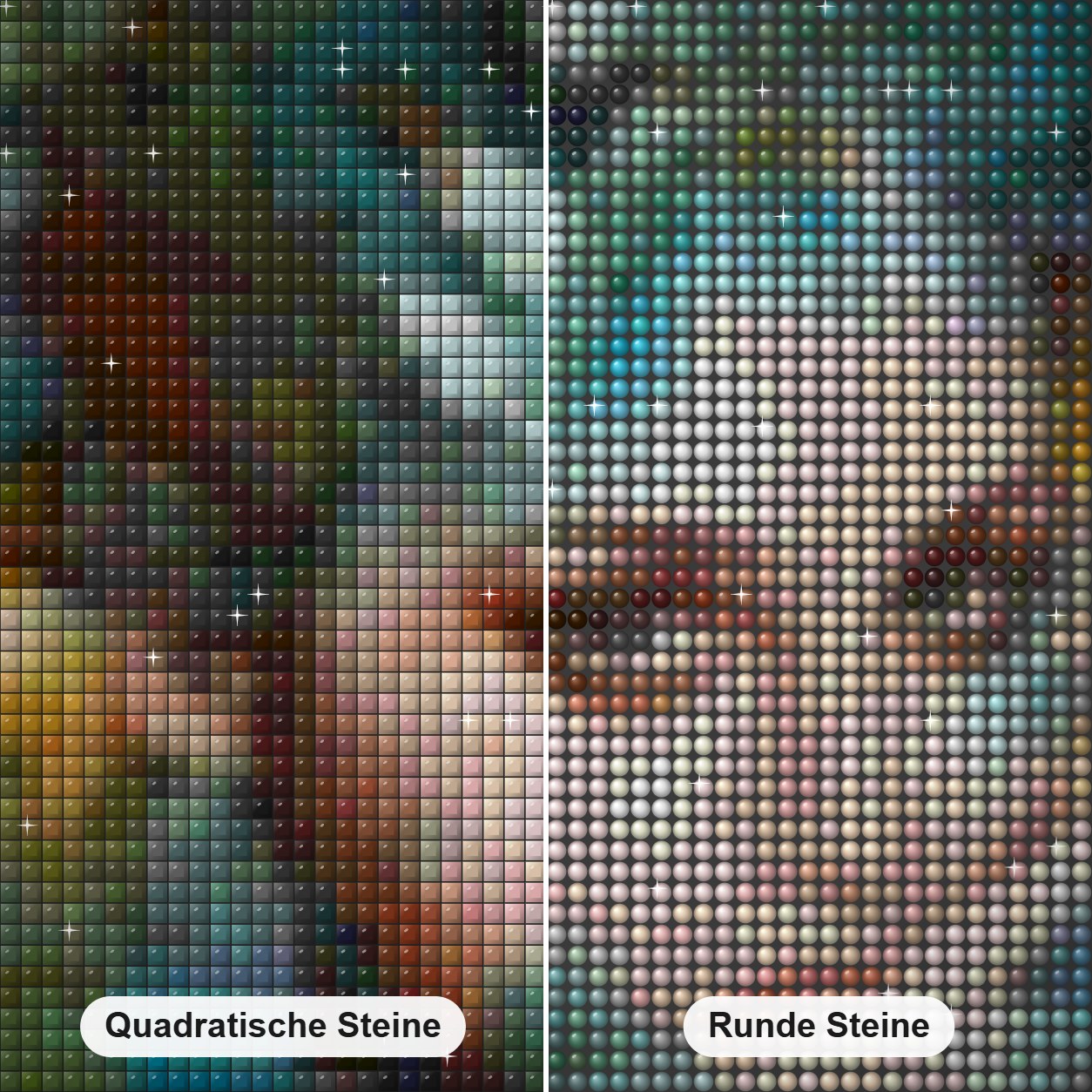 Atemberaubende Schönheit Diamond Painting Nahaufnahme mit quadratischen und runden Steinen