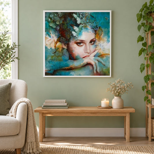 Atemberaubende Schönheit als gerahmtes Diamond Painting im Wohnzimmer