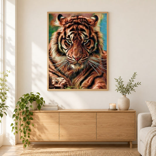 Atemberaubende Tiger als gerahmtes Diamond Painting im Wohnzimmer