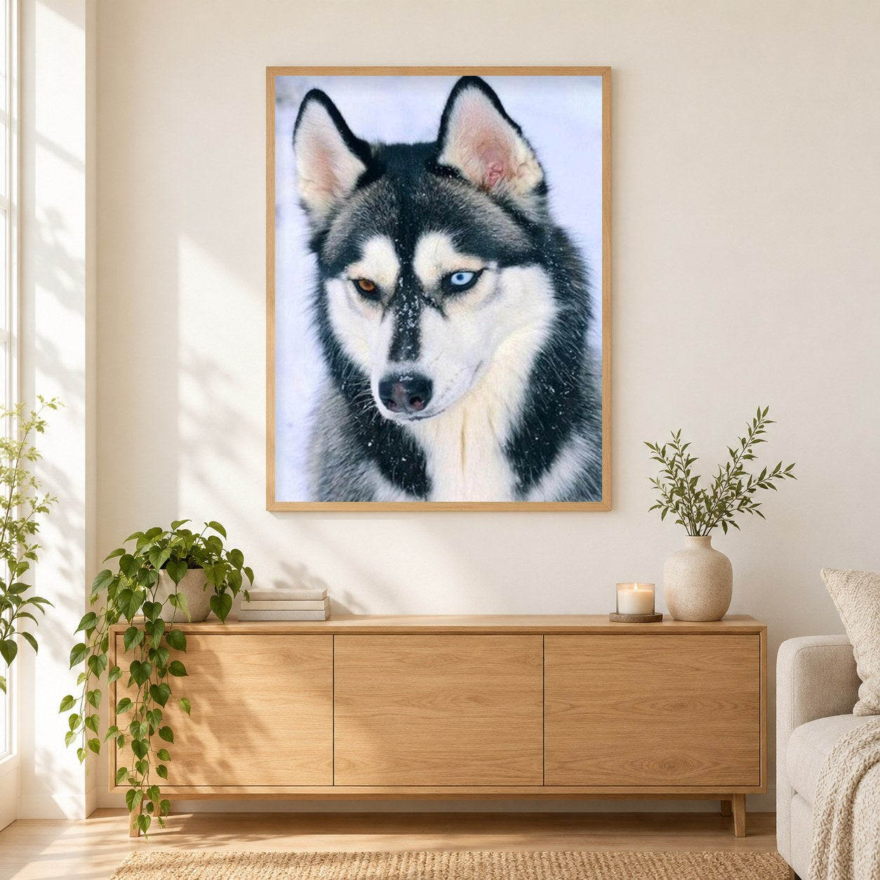 Atemberaubender Husky mit verschiedenen farbigen Augen als gerahmtes Diamond Painting im Wohnzimmer