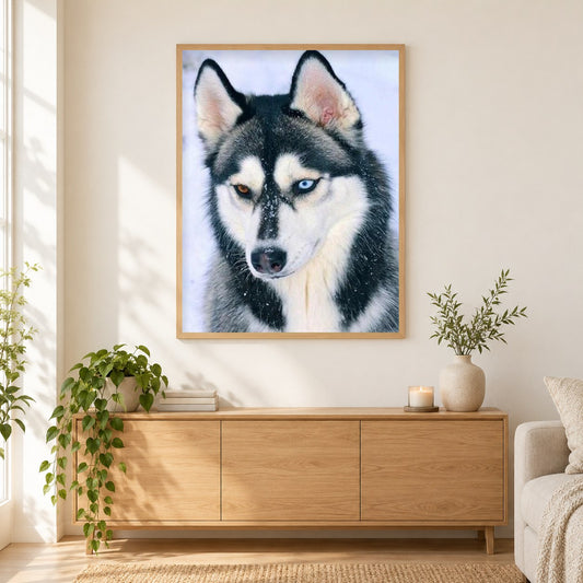 Atemberaubender Husky mit verschiedenen farbigen Augen als gerahmtes Diamond Painting im Wohnzimmer
