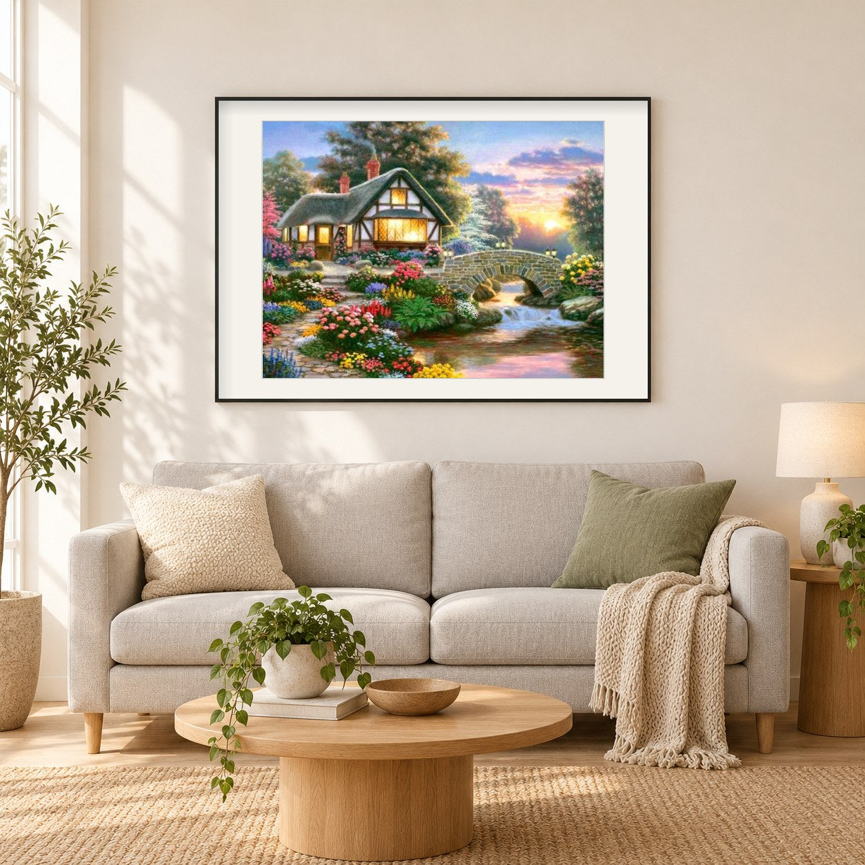 Atemberaubender Traumort als gerahmtes Diamond Painting im Wohnzimmer