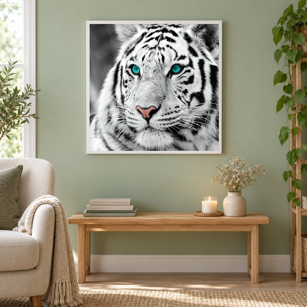 Atemberaubender weißer Tiger als gerahmtes Diamond Painting im Wohnzimmer