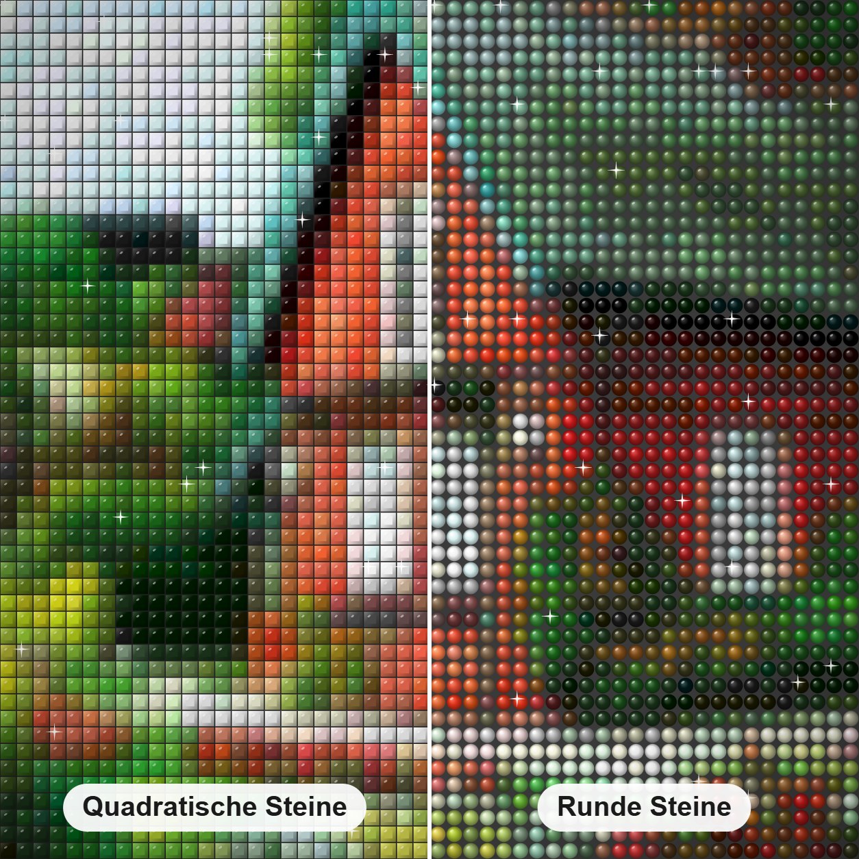 Atemberaubendes Haus & blühender Garten Diamond Painting Nahaufnahme mit quadratischen und runden Steinen