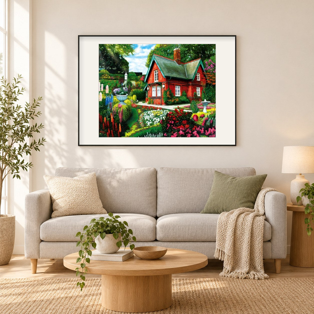 Atemberaubendes Haus & blühender Garten als gerahmtes Diamond Painting im Wohnzimmer