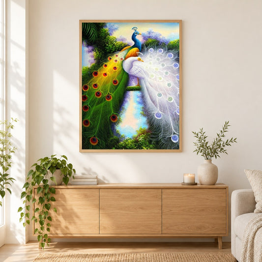 Attraktive Pfauen als gerahmtes Diamond Painting im Wohnzimmer