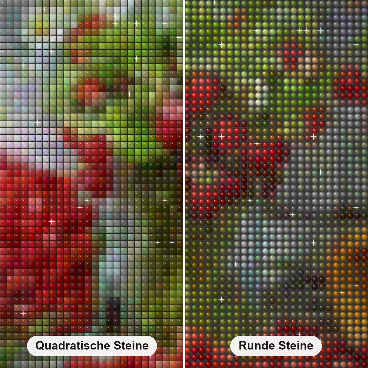 Aus dem Glas verschüttete Beeren Diamond Painting Nahaufnahme mit quadratischen und runden Steinen