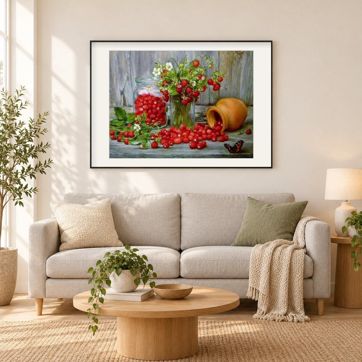 Aus dem Glas verschüttete Beeren als gerahmtes Diamond Painting im Wohnzimmer