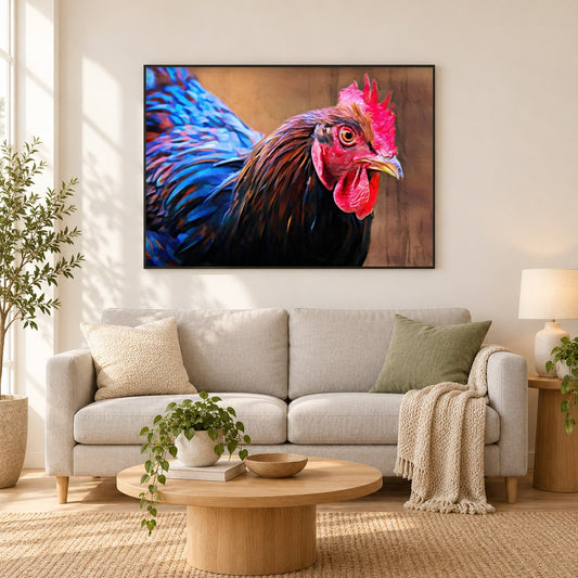 Australorp Huhn Diamond Painting von Denise Dundon als gerahmtes Diamond Painting im Wohnzimmer
