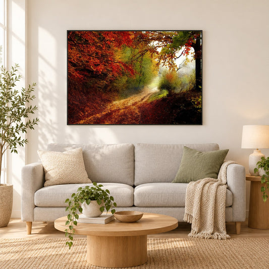 herbstlicher Waldrand - Kunst des Denise Dundon als gerahmtes Diamond Painting im Wohnzimmer