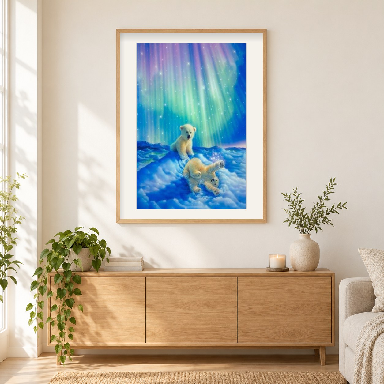 Baby Bären & Aurora Lichter als gerahmtes Diamond Painting im Wohnzimmer