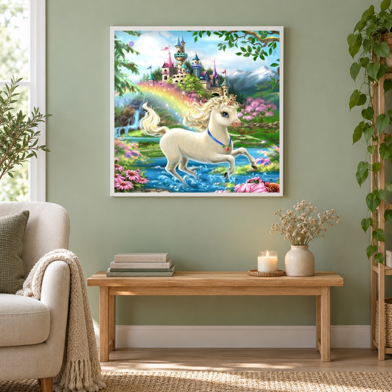 Baby Einhorn & Schloss im Fantasieland als gerahmtes Diamond Painting im Wohnzimmer