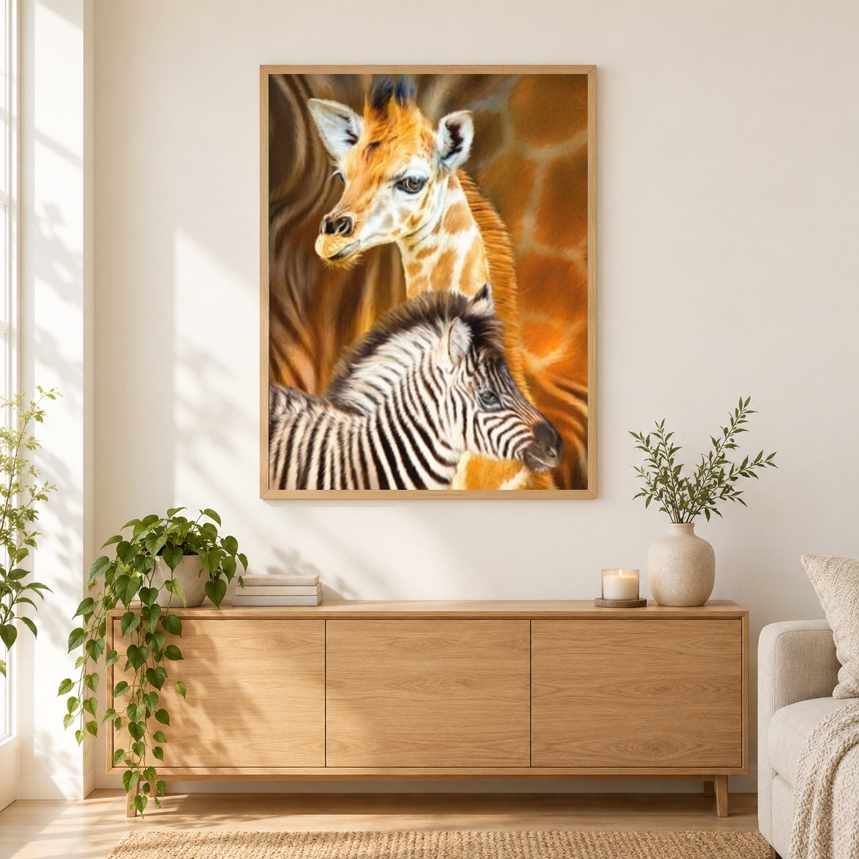 Baby Giraffe & Zebra als gerahmtes Diamond Painting im Wohnzimmer