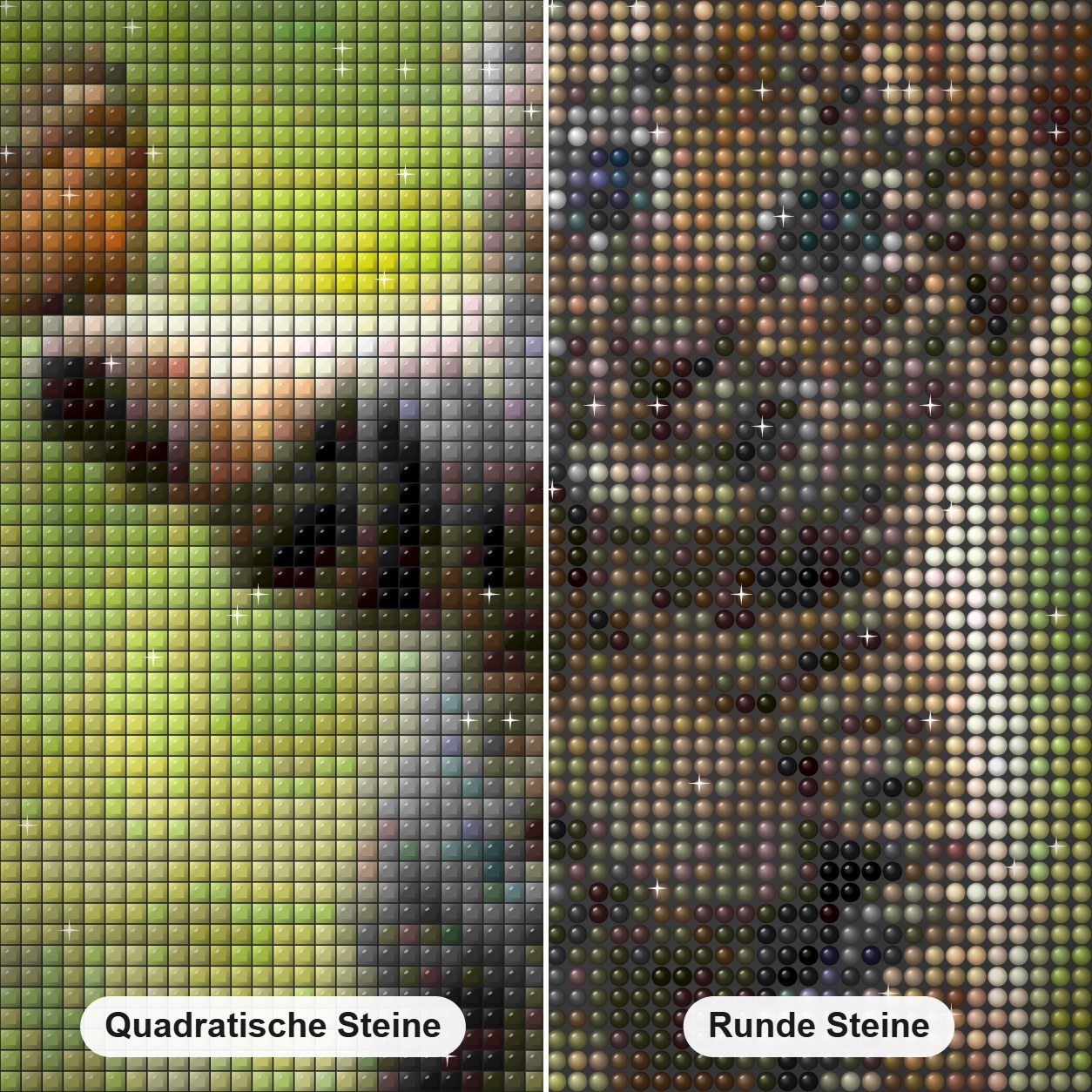 Babylöwe spielt mit Schmetterling Diamond Painting Nahaufnahme mit quadratischen und runden Steinen