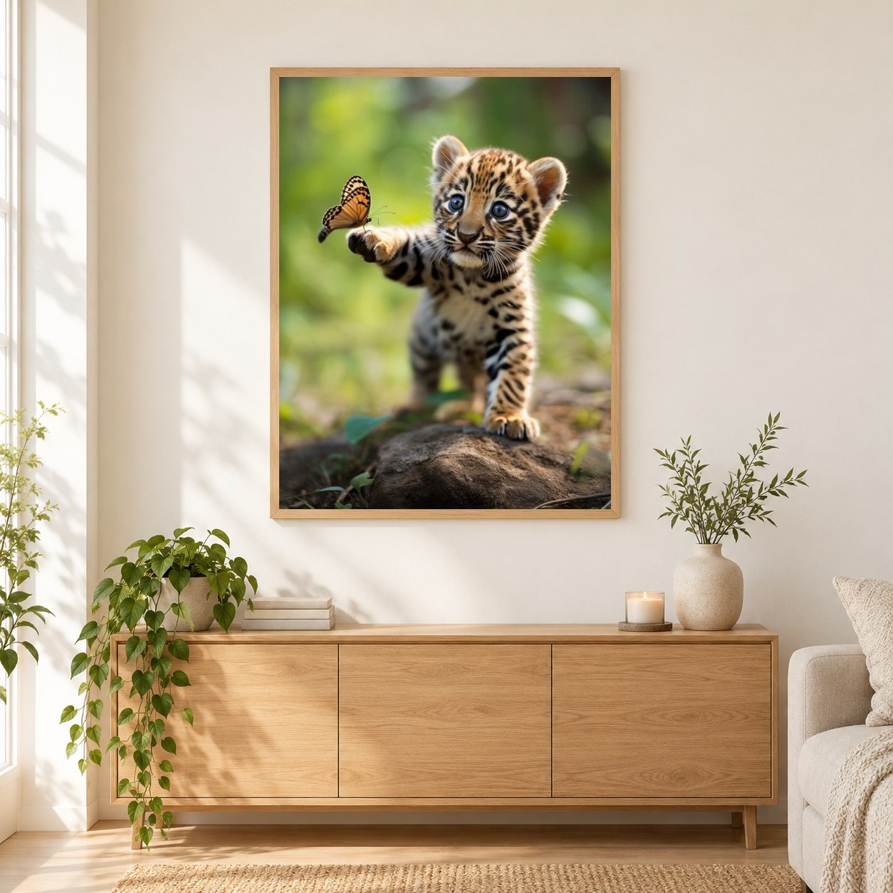 Babylöwe spielt mit Schmetterling als gerahmtes Diamond Painting im Wohnzimmer