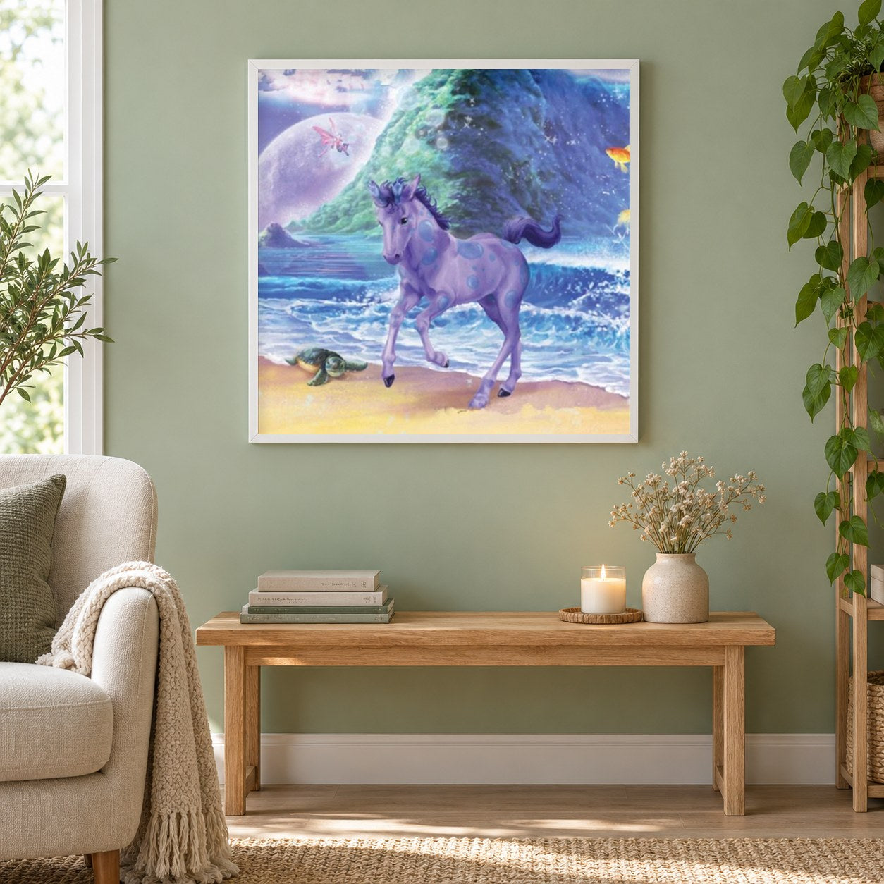 Baby Pferd läuft am Strand als gerahmtes Diamond Painting im Wohnzimmer