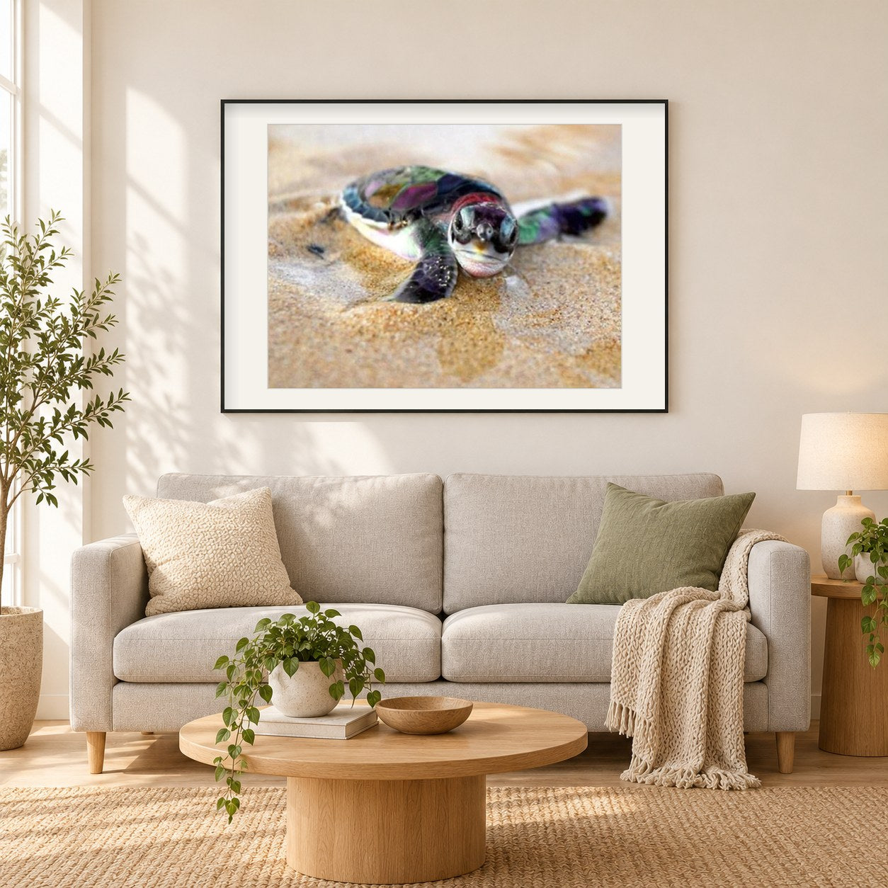 Baby Schildkröte als gerahmtes Diamond Painting im Wohnzimmer