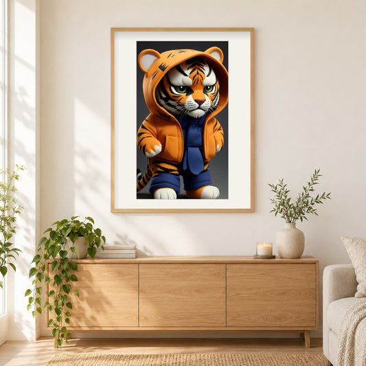 Das wilde Temperament des Tigerbabys als gerahmtes Diamond Painting im Wohnzimmer