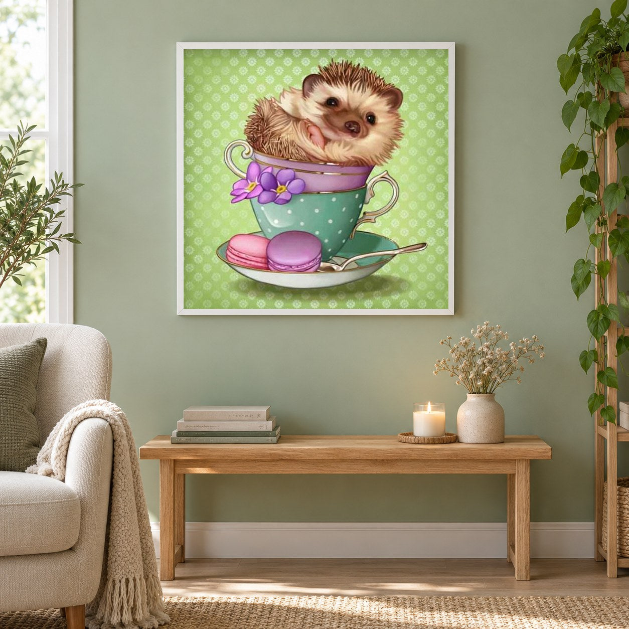 Babyigel in einer Tasse als gerahmtes Diamond Painting im Wohnzimmer