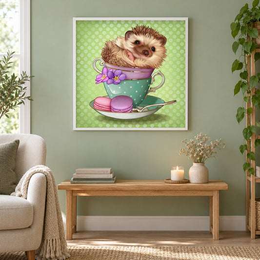Babyigel in einer Tasse als gerahmtes Diamond Painting im Wohnzimmer
