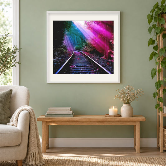Bahngleis als gerahmtes Diamond Painting im Wohnzimmer