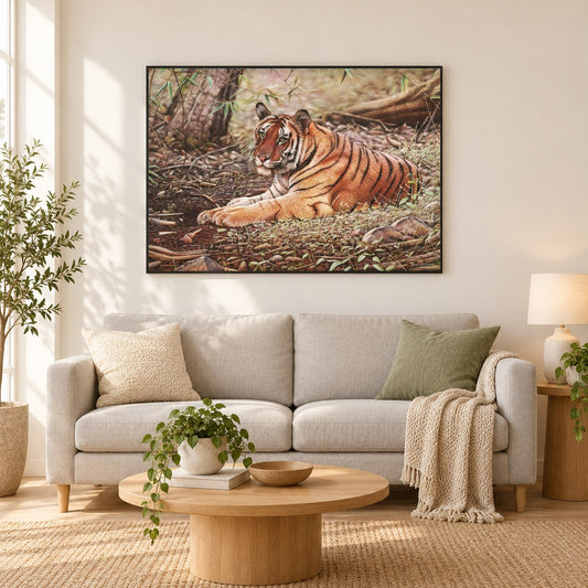 Bandhavgar Tiger - Kunst des Eric Wilson als gerahmtes Diamond Painting im Wohnzimmer