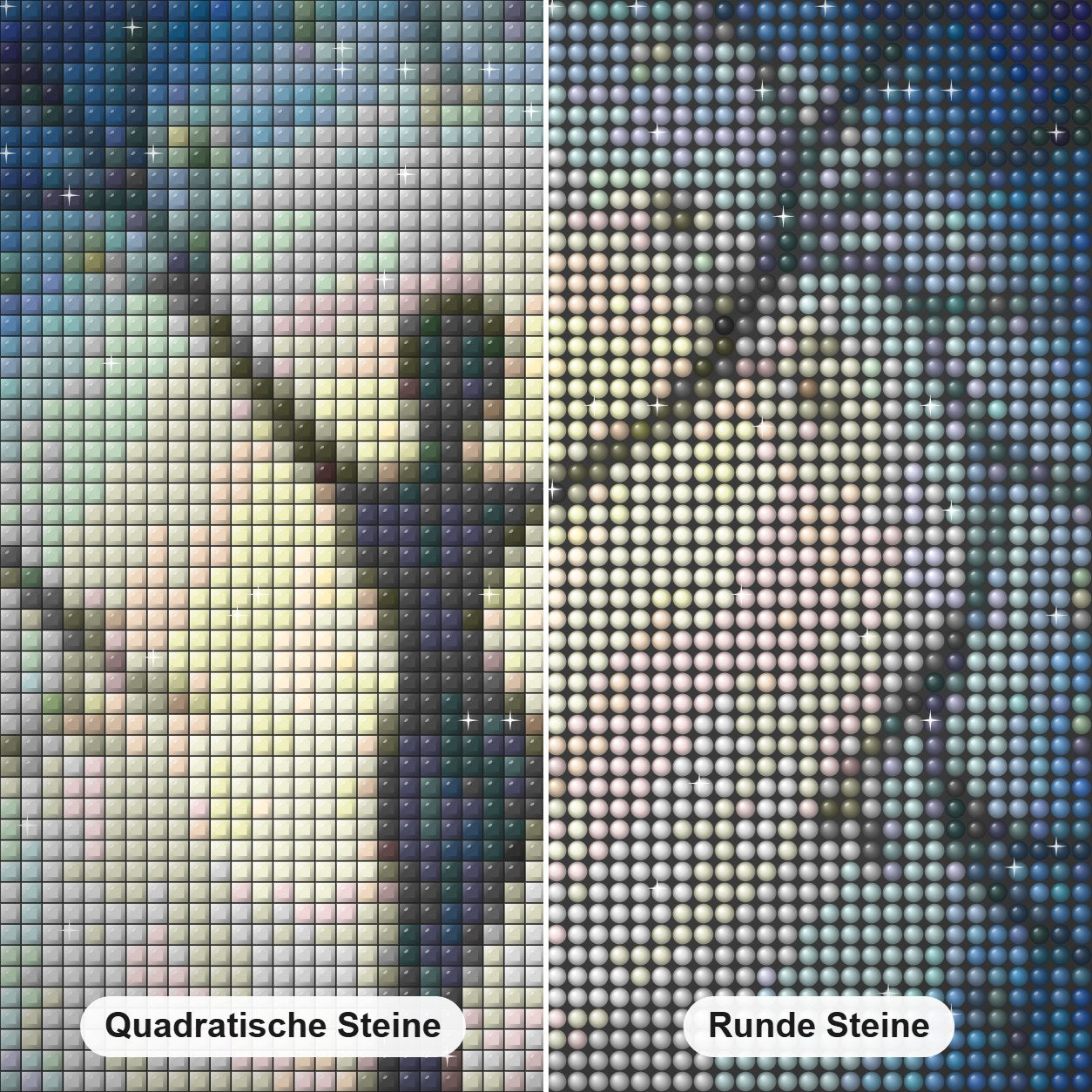Baumdame Diamond Painting Nahaufnahme mit quadratischen und runden Steinen