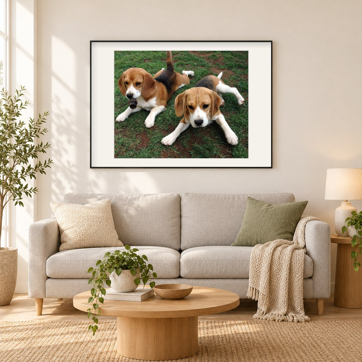 Beagle Bloodhound Welpen als gerahmtes Diamond Painting im Wohnzimmer