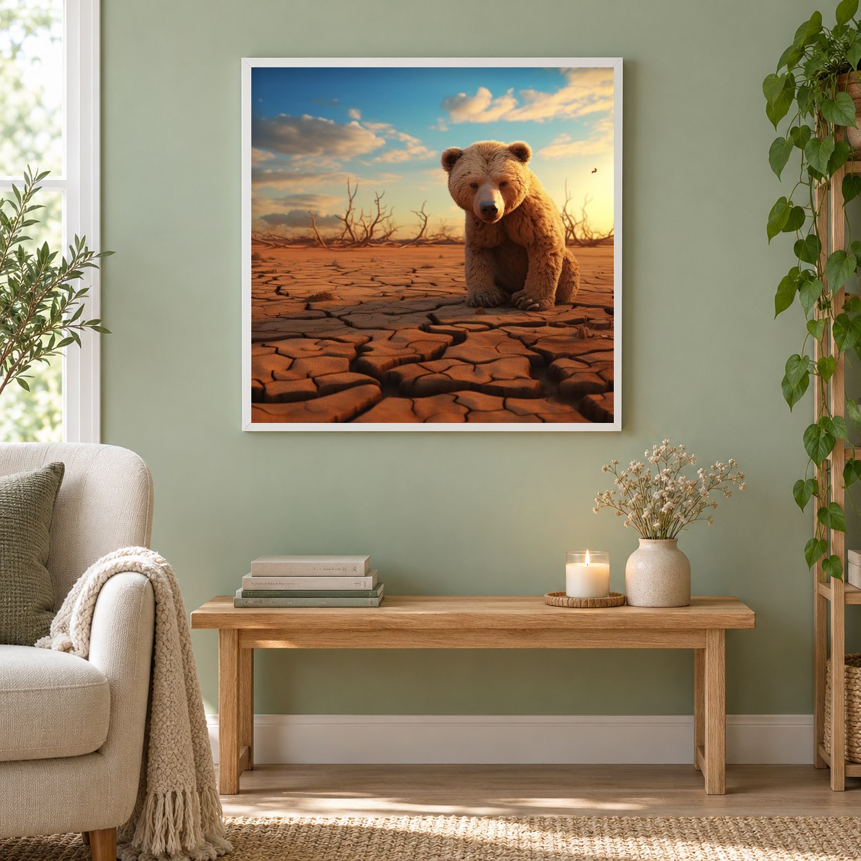 Bär in der Wüste als gerahmtes Diamond Painting im Wohnzimmer