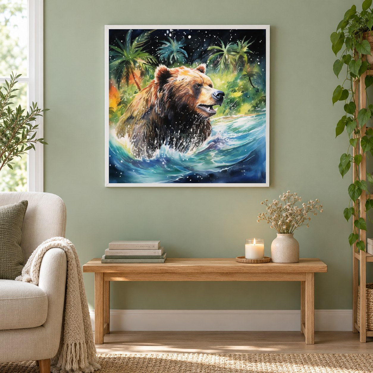 Bär auf die Jagd als gerahmtes Diamond Painting im Wohnzimmer
